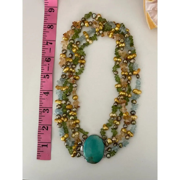 Multi-Stone Beaded Necklace w/ Turquoise Center, Green, Gold & Citrine natural - Picture 7 of 7